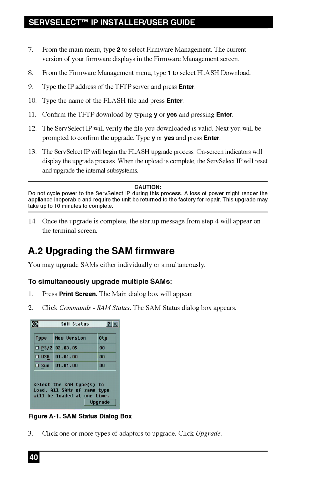 Black Box KV212E, KV120E, KV120A manual Upgrading the SAM firmware, To simultaneously upgrade multiple SAMs 