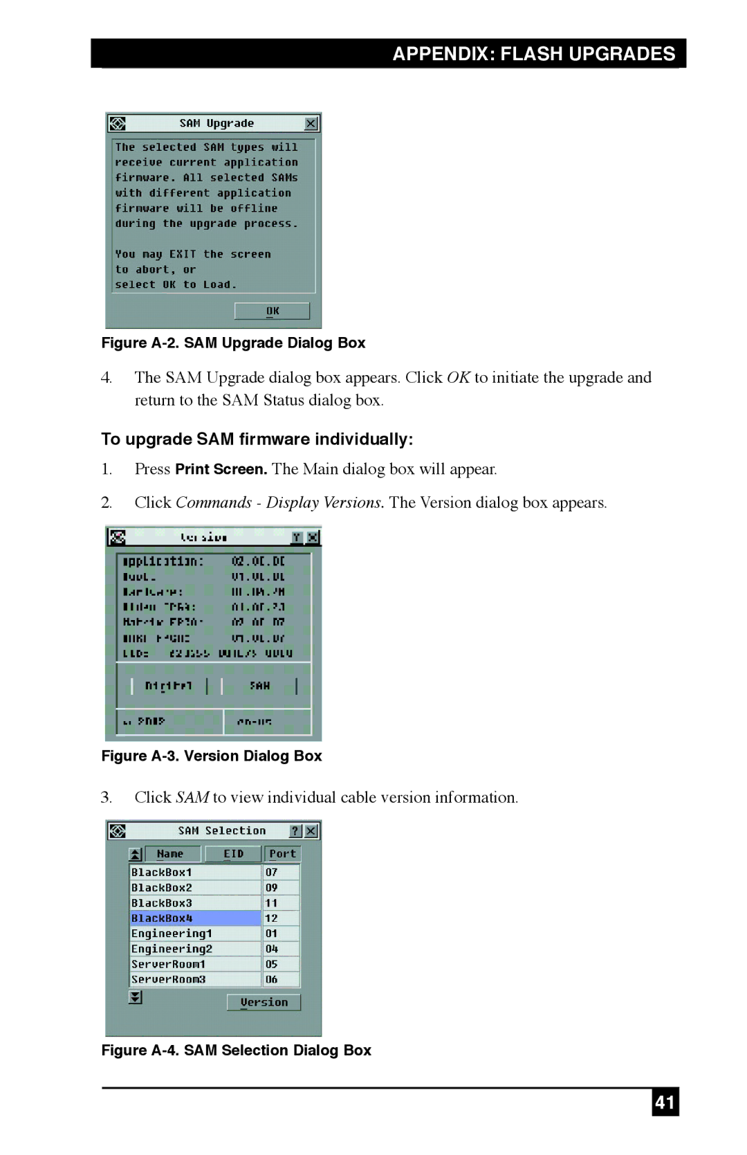 Black Box KV120E, KV212E, KV120A manual To upgrade SAM firmware individually, Figure A-2. SAM Upgrade Dialog Box 