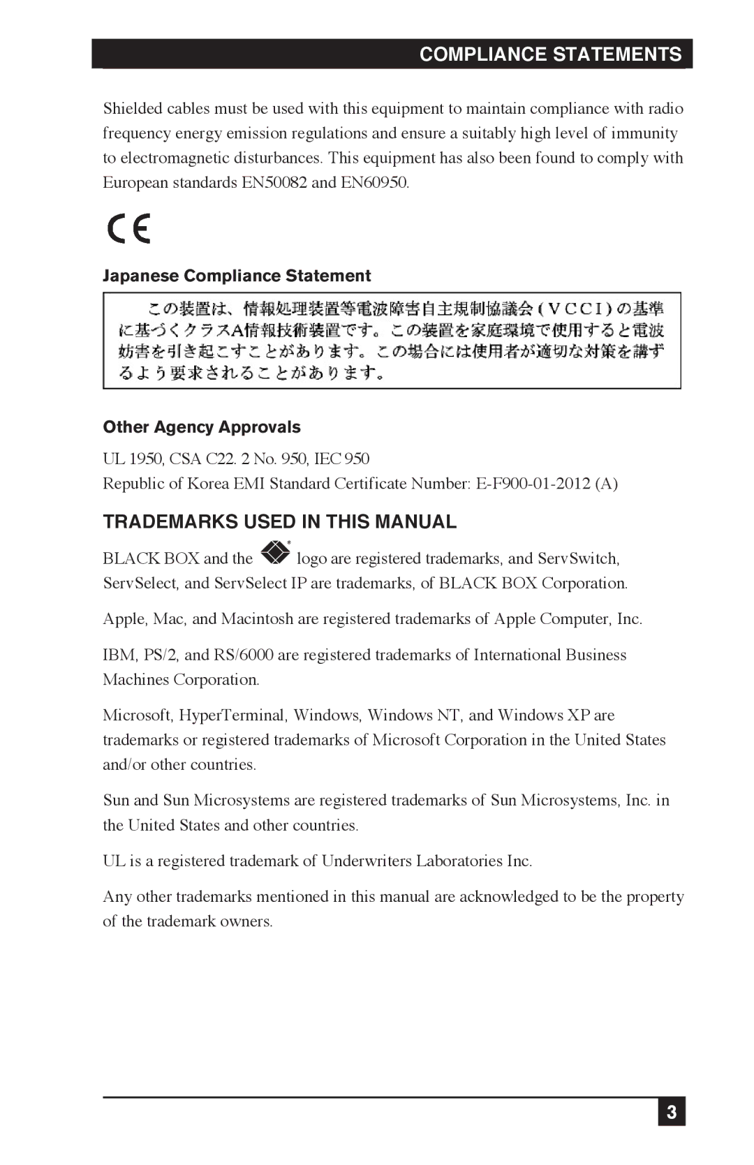 Black Box KV120A, KV212E, KV120E manual Compliance Statements 