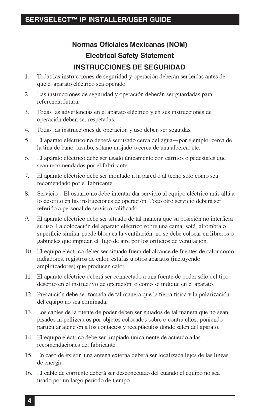 Black Box KV212E, KV120E, KV120A Normas Oficiales Mexicanas NOM Electrical Safety Statement, Instrucciones DE Seguridad 