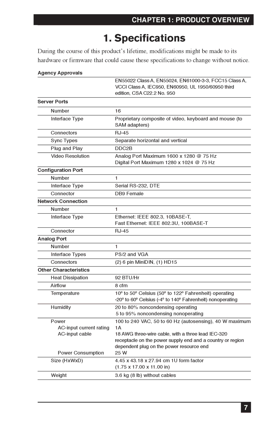 Black Box KV212E, KV120E, KV120A manual Specifications, Agency Approvals 