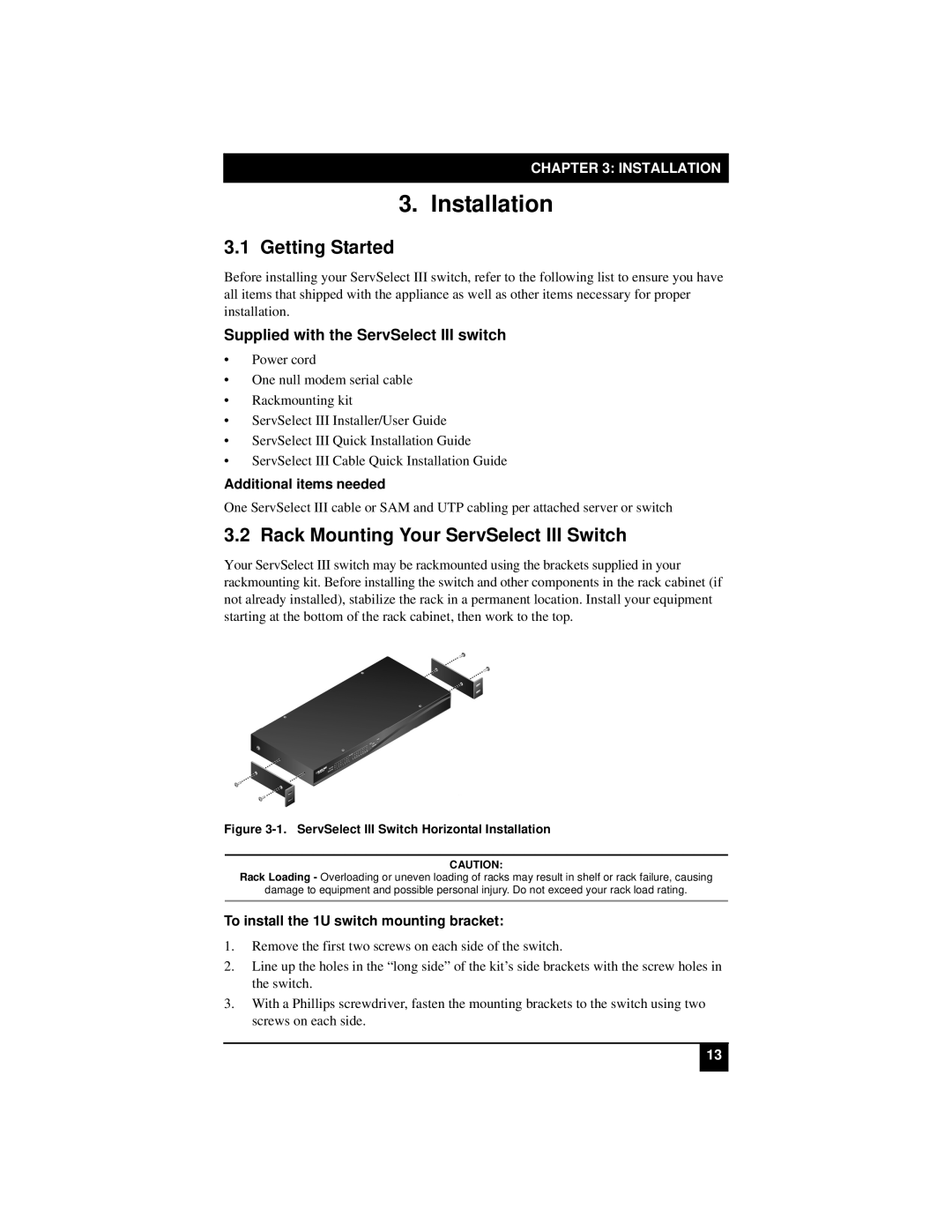 Black Box KV21008E Getting Started, Rack Mounting Your ServSelect III Switch, Supplied with the ServSelect III switch 