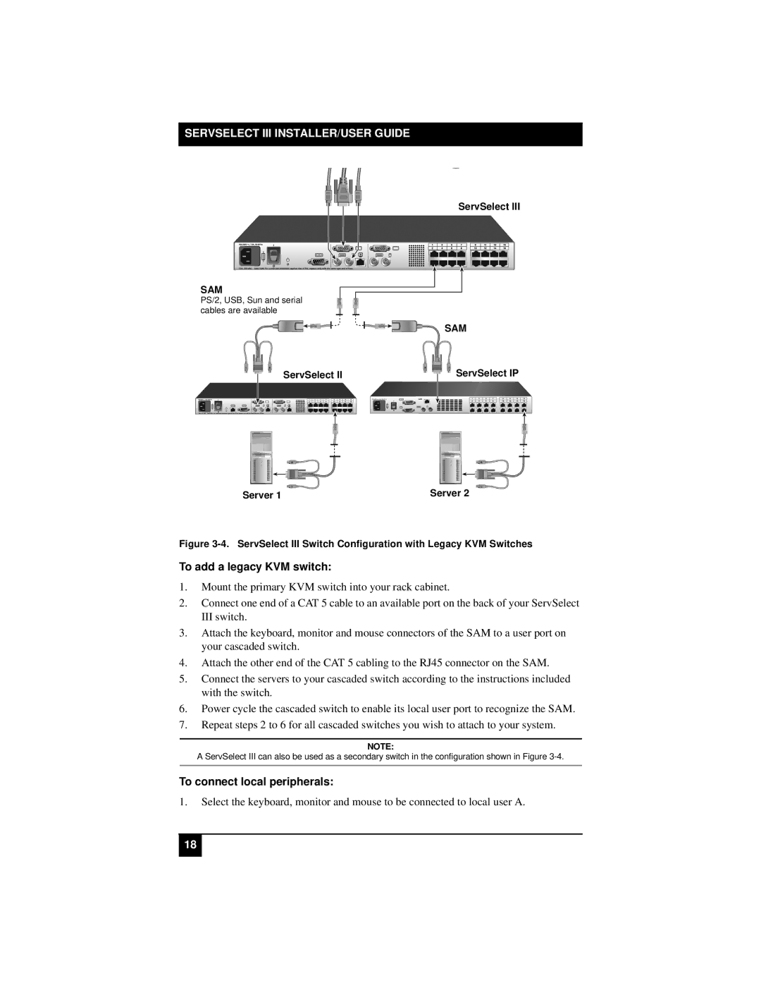 Black Box KV22016E, KV22008E manual To add a legacy KVM switch, ServSelect III Switch Configuration with Legacy KVM Switches 