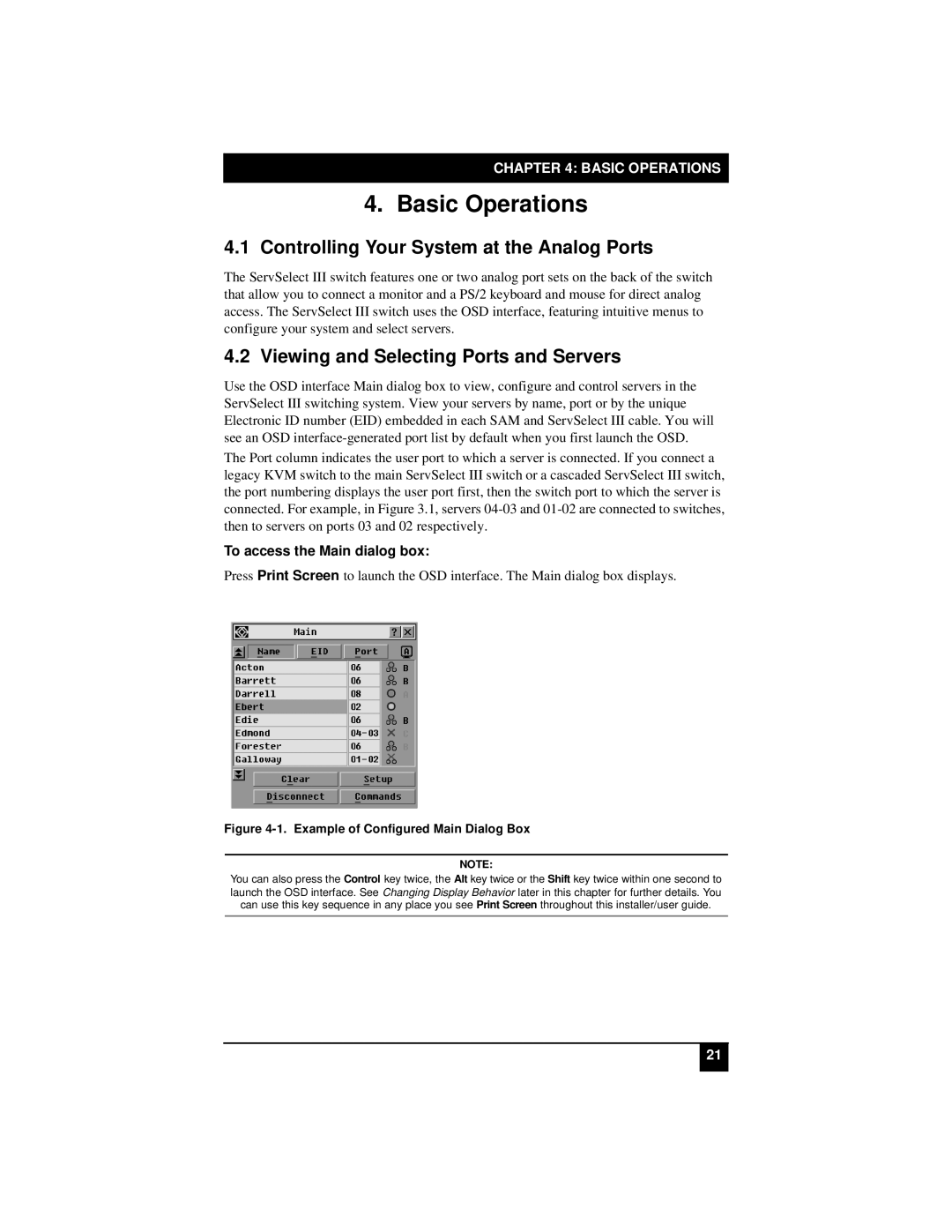 Black Box KV21008E, KV22016E, KV22008E Controlling Your System at the Analog Ports, Viewing and Selecting Ports and Servers 