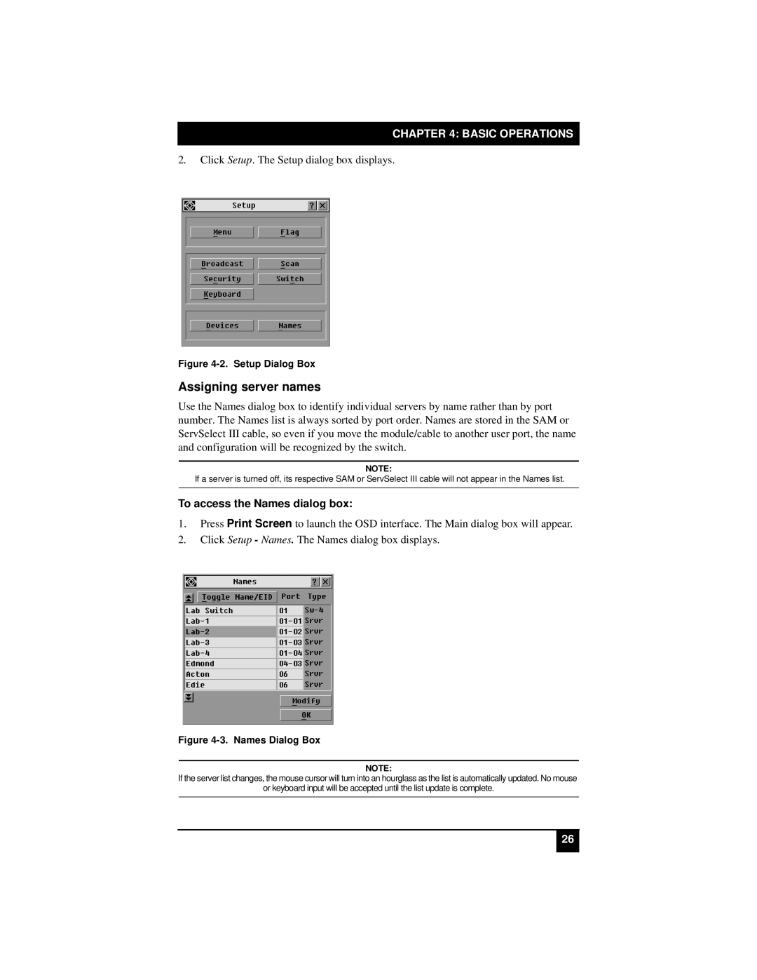 Black Box KV22016E, KV22008E, KV21008A, KV21008E manual Assigning server names, To access the Names dialog box 