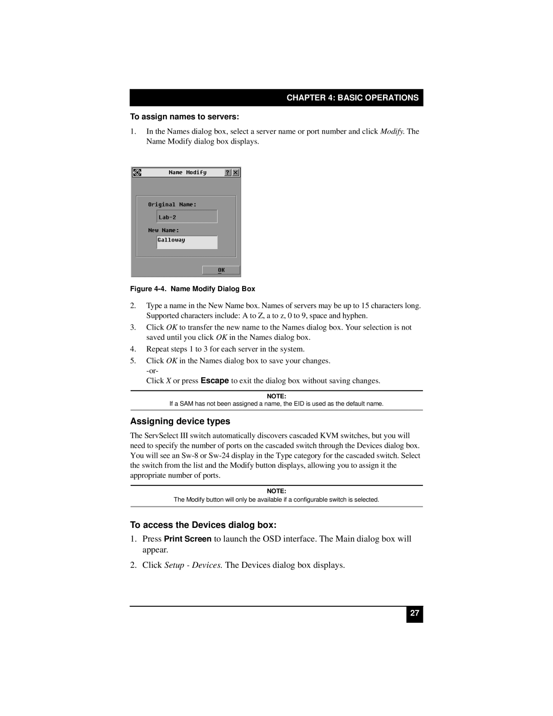 Black Box KV22008E, KV22016E, KV21008A Assigning device types, To access the Devices dialog box, To assign names to servers 