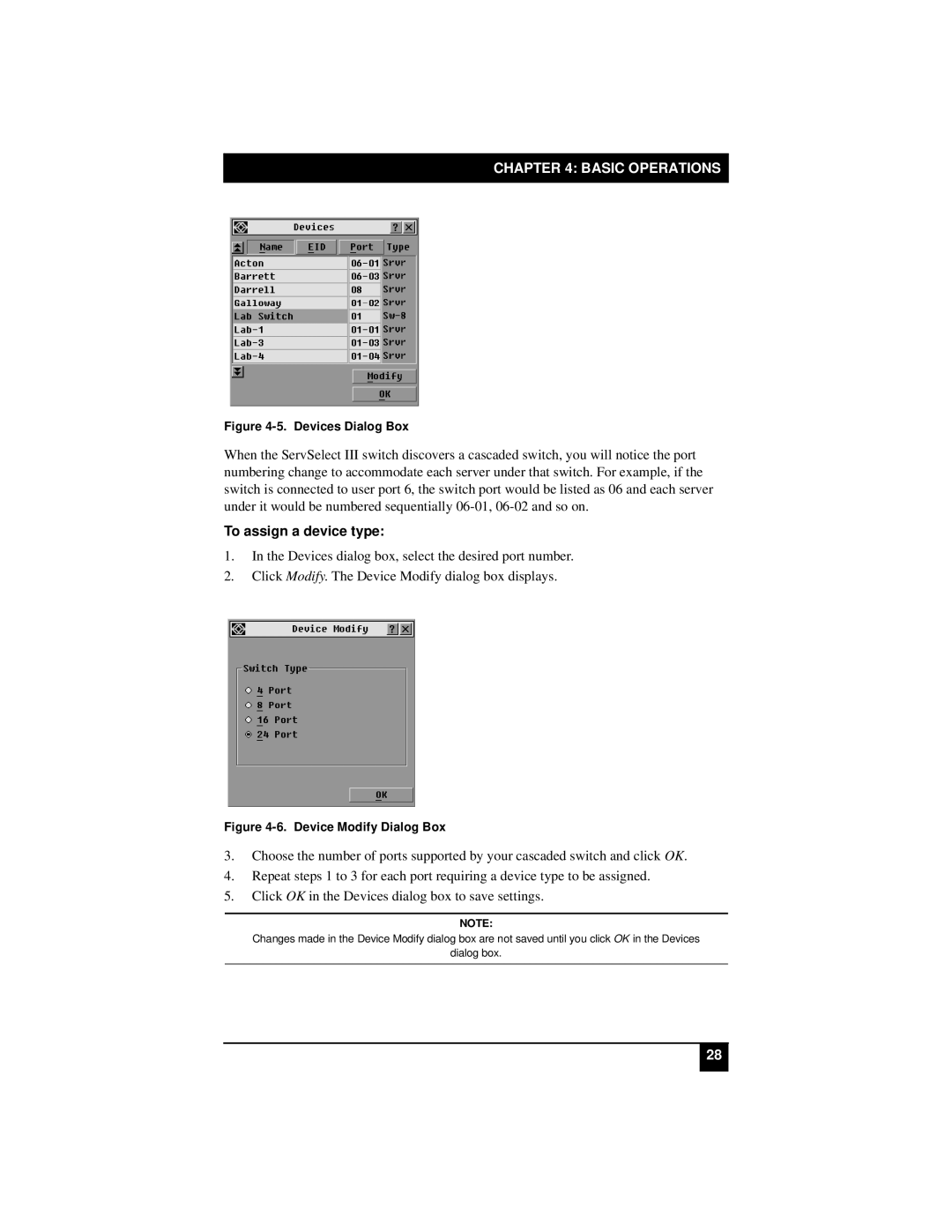 Black Box KV21008A, KV22016E, KV22008E, KV21008E manual To assign a device type, Devices Dialog Box 