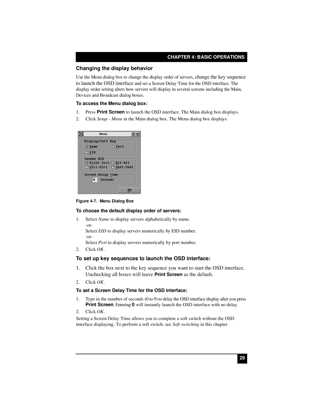 Black Box KV21008E, KV22016E, KV22008E Changing the display behavior, To set up key sequences to launch the OSD interface 