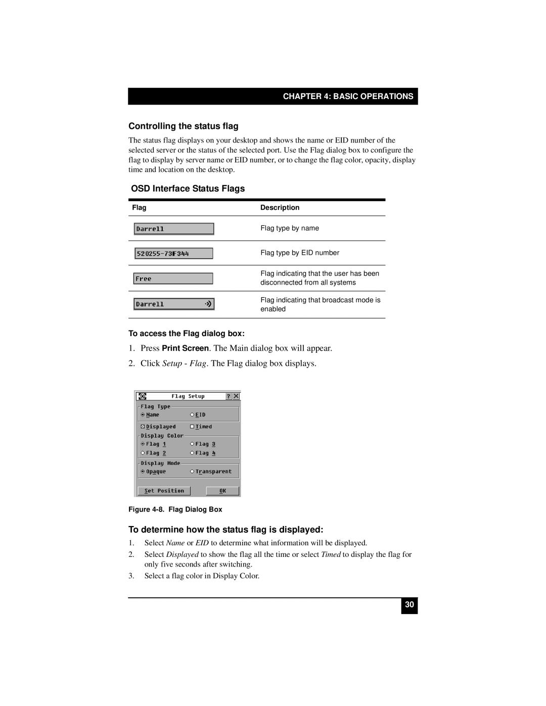 Black Box KV22016E Controlling the status flag, OSD Interface Status Flags, To determine how the status flag is displayed 