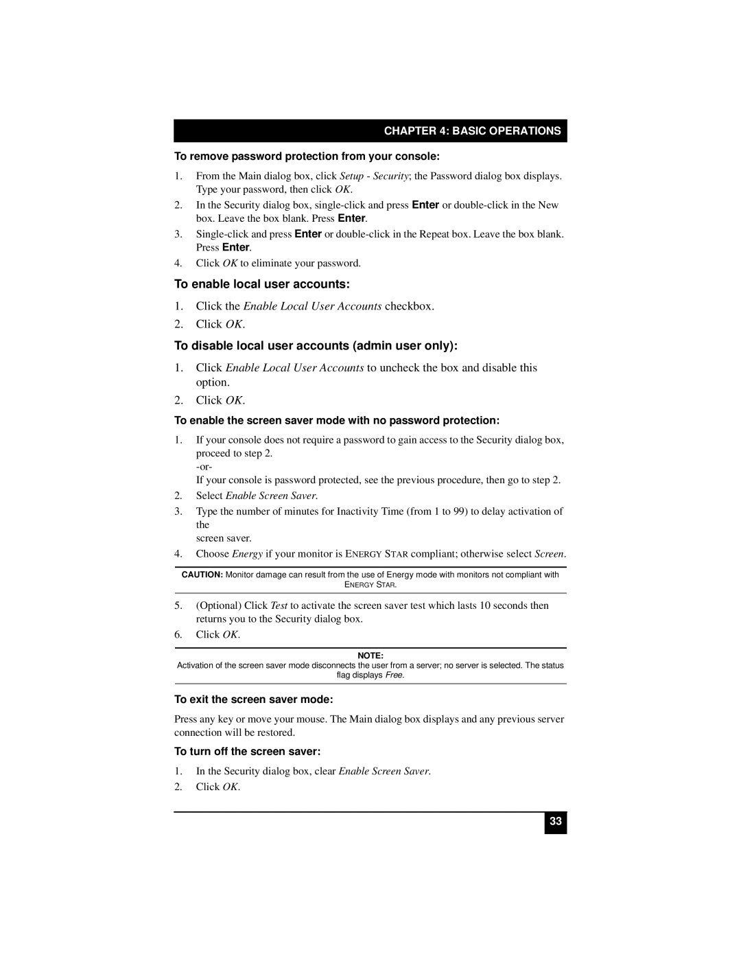 Black Box KV21008E, KV22016E, KV22008E manual To enable local user accounts, To disable local user accounts admin user only 