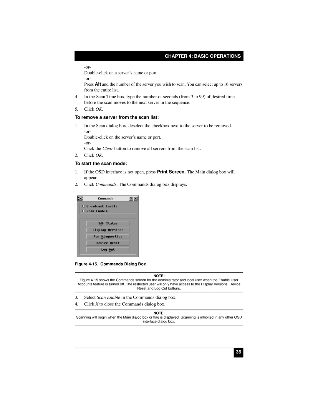 Black Box KV21008A, KV22016E, KV22008E, KV21008E manual To remove a server from the scan list, To start the scan mode 