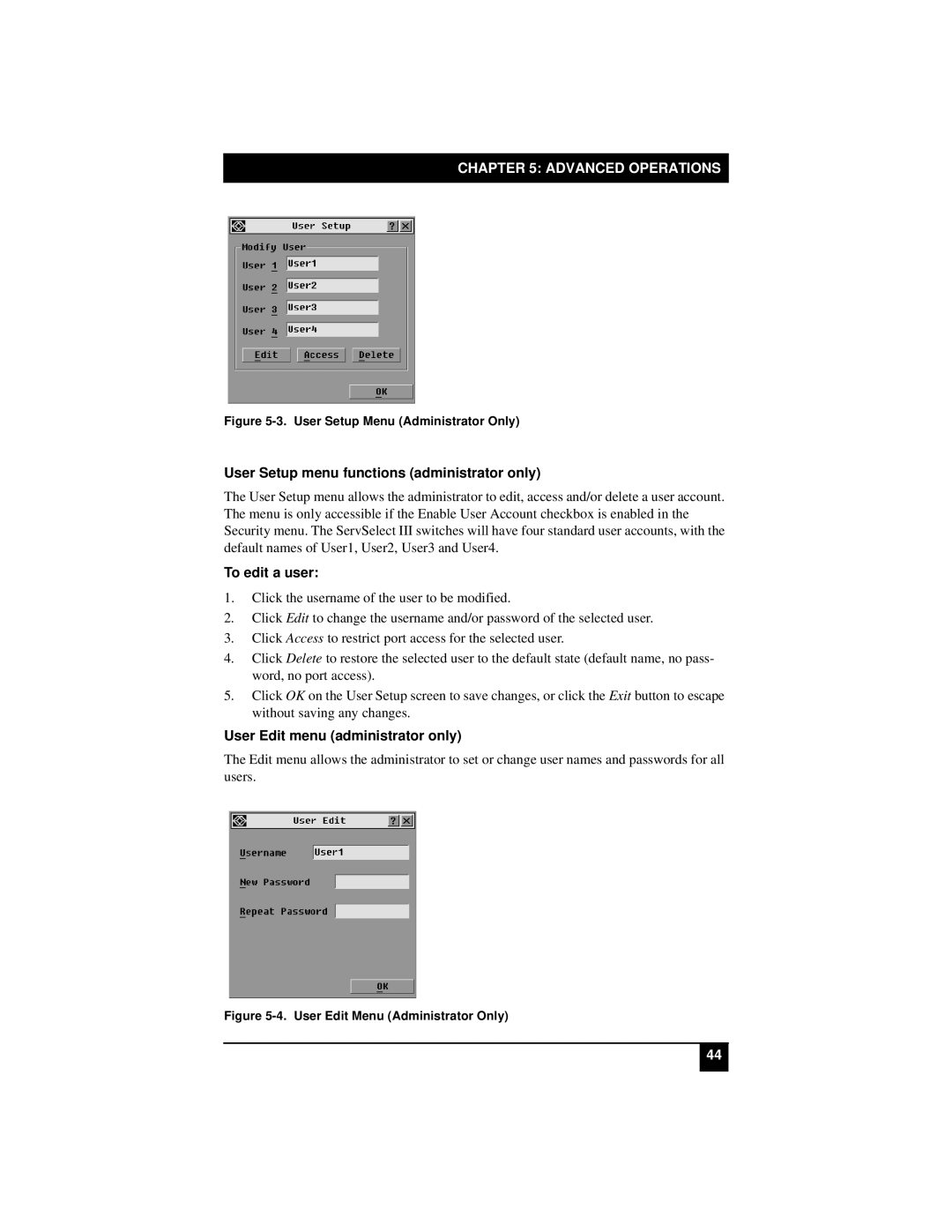 Black Box KV21008A manual User Setup menu functions administrator only, To edit a user, User Edit menu administrator only 