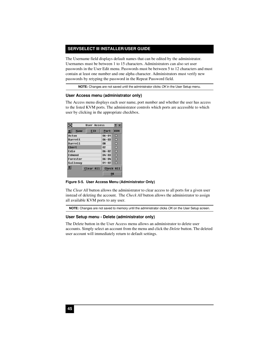 Black Box KV21008E, KV22016E, KV22008E manual User Access menu administrator only, User Setup menu Delete administrator only 