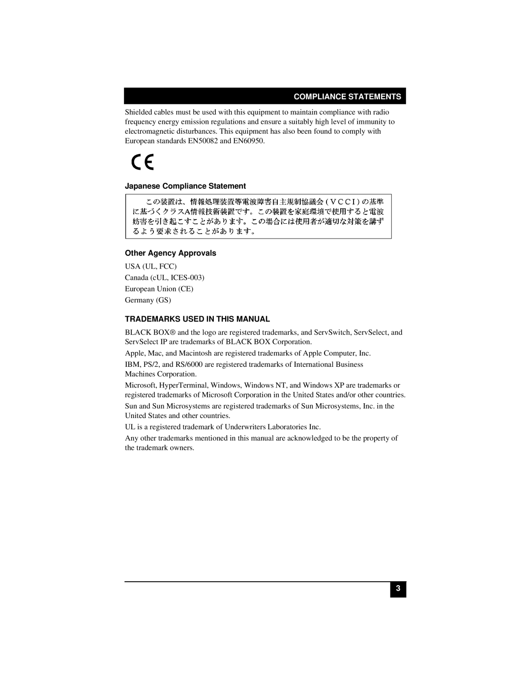 Black Box KV22008E, KV22016E, KV21008A, KV21008E Compliance Statements, Japanese Compliance Statement Other Agency Approvals 