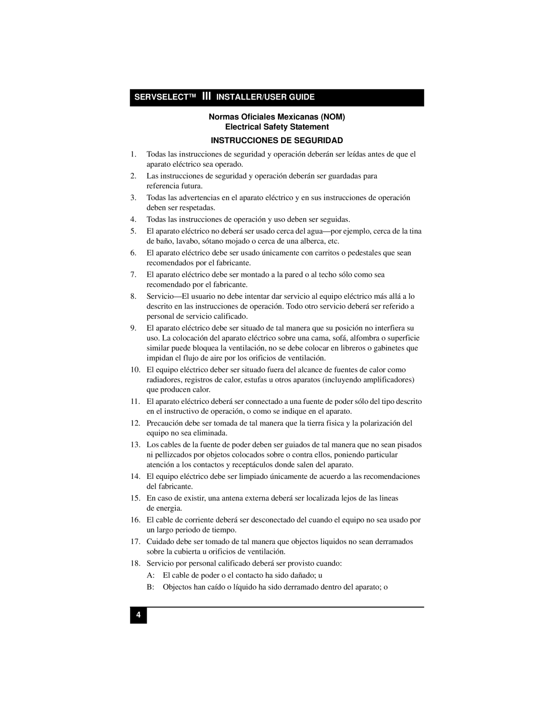 Black Box KV21008A, KV22016E manual Normas Oficiales Mexicanas NOM Electrical Safety Statement, Instrucciones DE Seguridad 