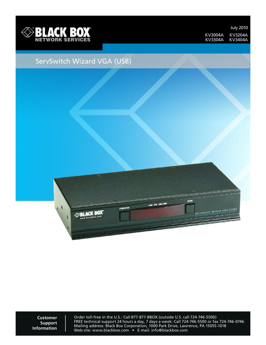 Black Box KV3004A manual ServSwitch Wizard VGA USB, Network Services, July, KV3204A, KV3304A, KV3404A 