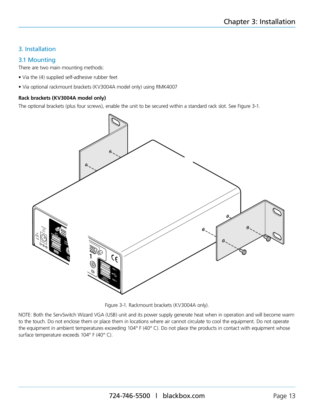 Black Box KV3204A, KV3304A, KV3404A manual Installation 3.1 Mounting, Rack brackets KV3004A model only, Page 