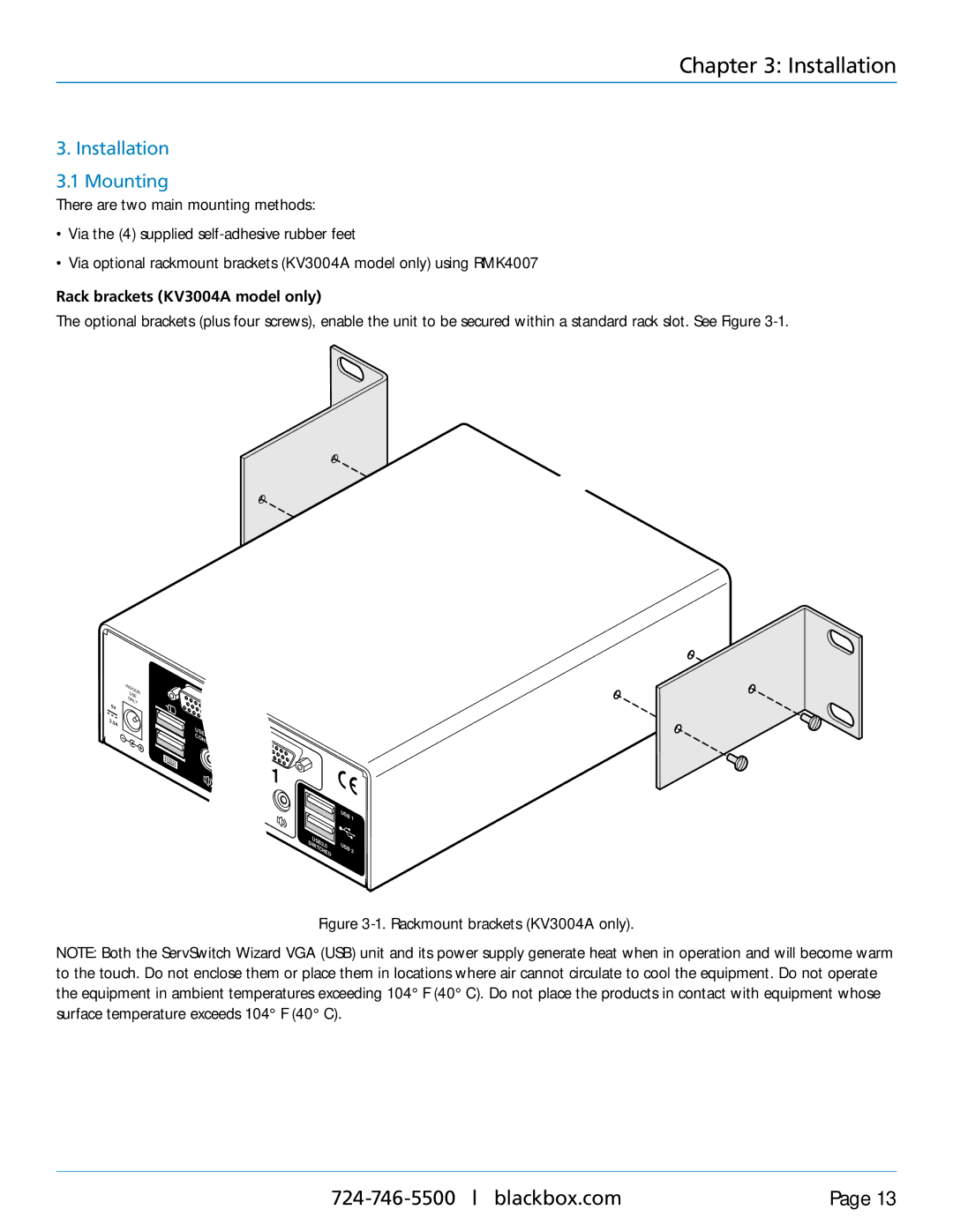 Black Box KV3204A, KV3304A, KV3404A manual Installation Mounting, Rack brackets KV3004A model only 