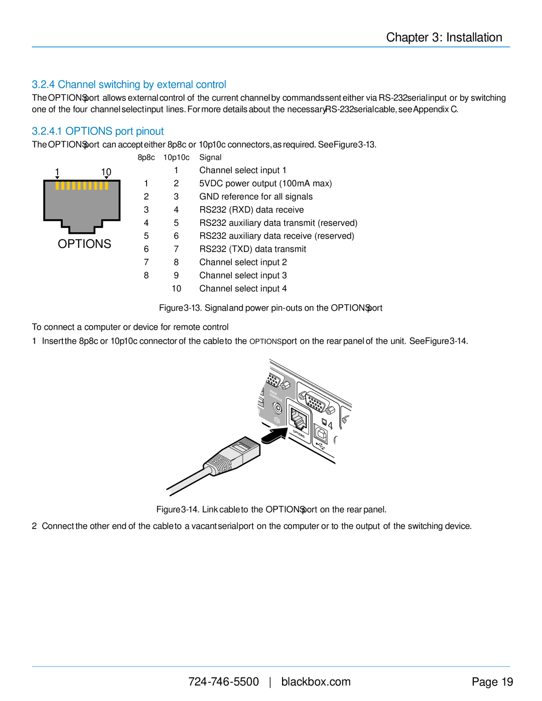 Black Box Black Box ServSwitch Wizard VGA (USB), KV3304A manual Channel switching by external control, Options port pinout 