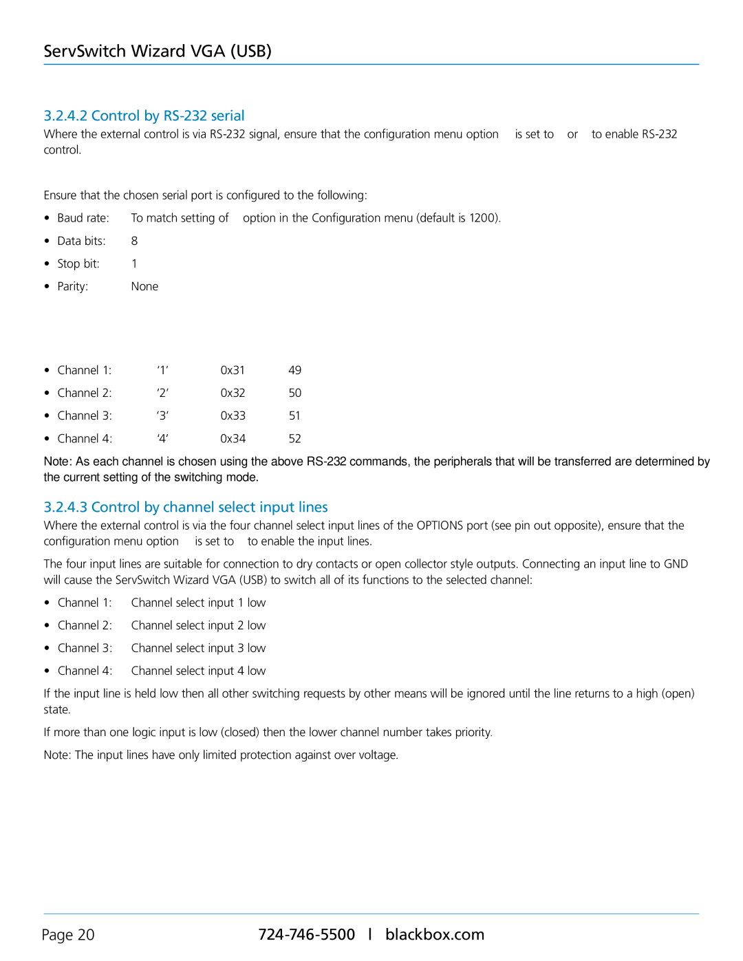Black Box KV3304A, KV3004A Control by RS-232 serial, Control by channel select input lines, Serial port parameter settings 