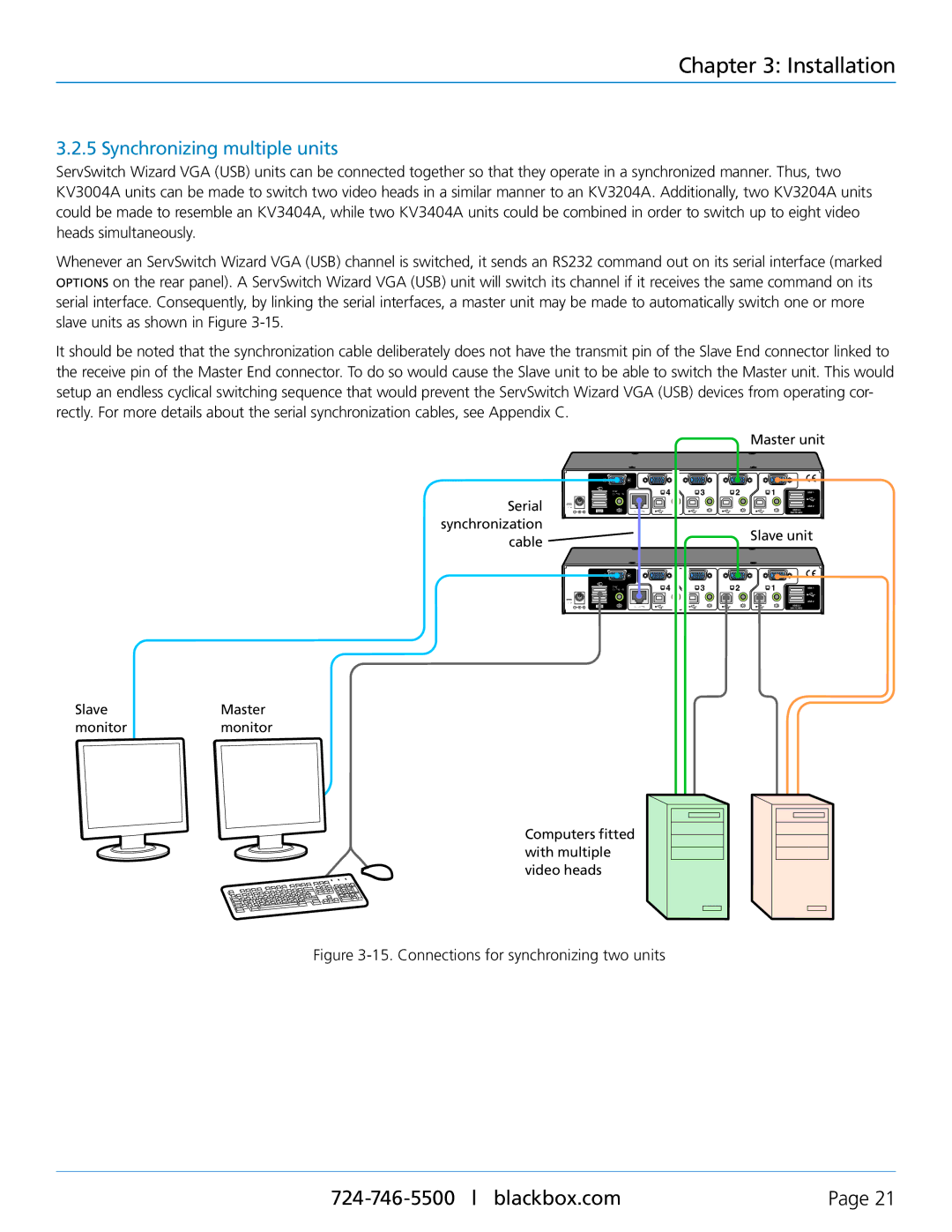 Black Box KV3004A, KV3304A, KV3404A, KV3204A manual Synchronizing multiple units, Connections for synchronizing two units 