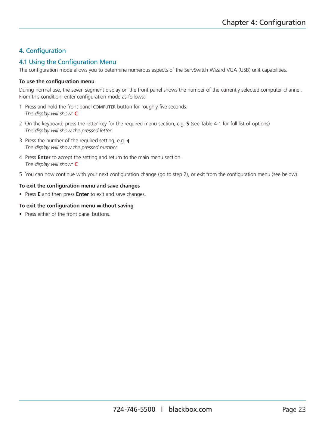 Black Box KV3204A, KV3304A, KV3004A, KV3404A Configuration Using the Configuration Menu, To use the configuration menu 