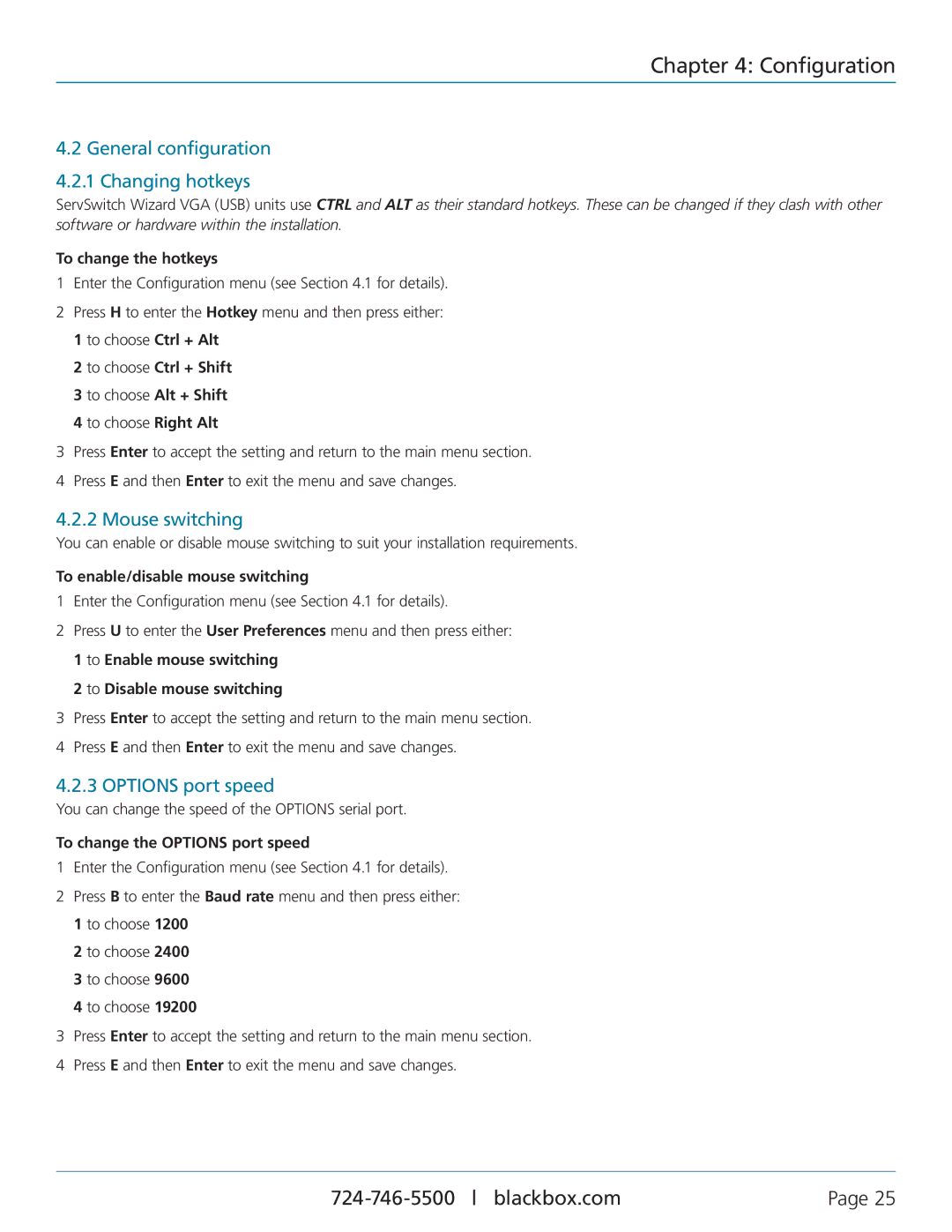Black Box KV3304A, KV3004A, KV3404A manual General configuration 4.2.1 Changing hotkeys, Mouse switching, Options port speed 