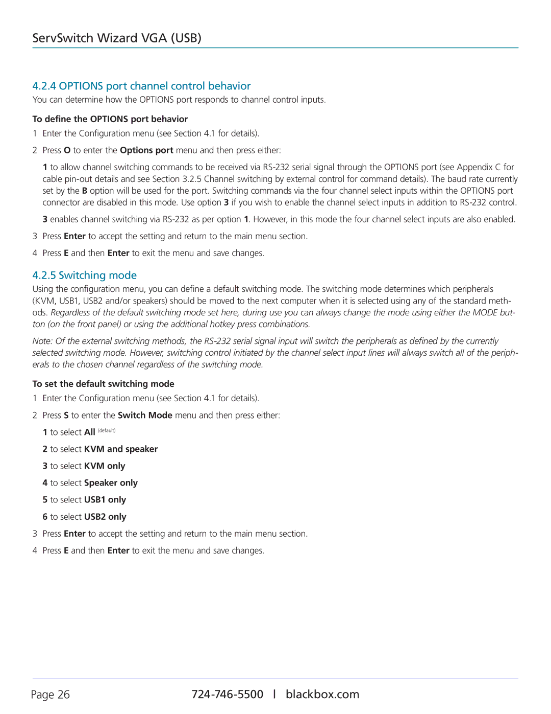 Black Box KV3004A, KV3304A manual Options port channel control behavior, Switching mode, To define the Options port behavior 