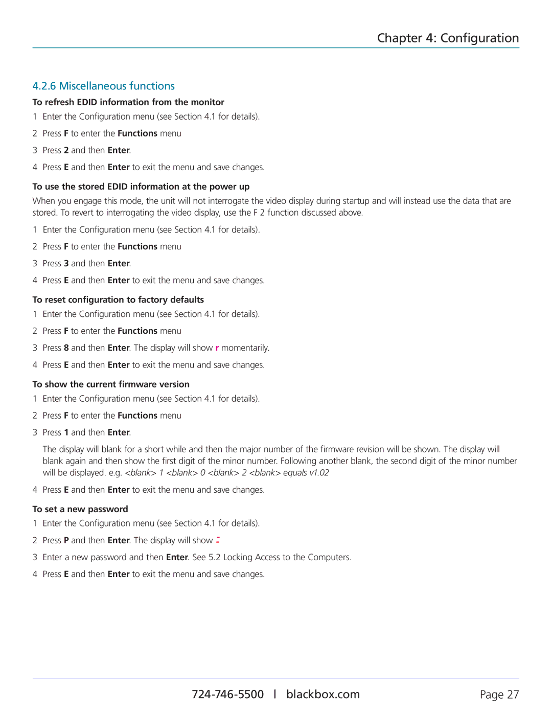 Black Box KV3404A, KV3304A Miscellaneous functions, To refresh Edid information from the monitor, To set a new password 