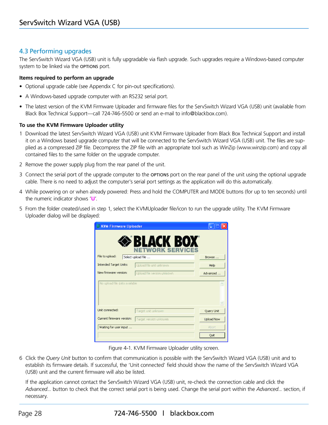 Black Box KV3204A Performing upgrades, Items required to perform an upgrade, To use the KVM Firmware Uploader utility 