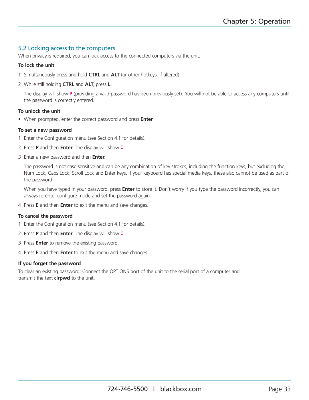 Black Box KV3204A, KV3304A Locking access to the computers, To lock the unit, To unlock the unit, To cancel the password 