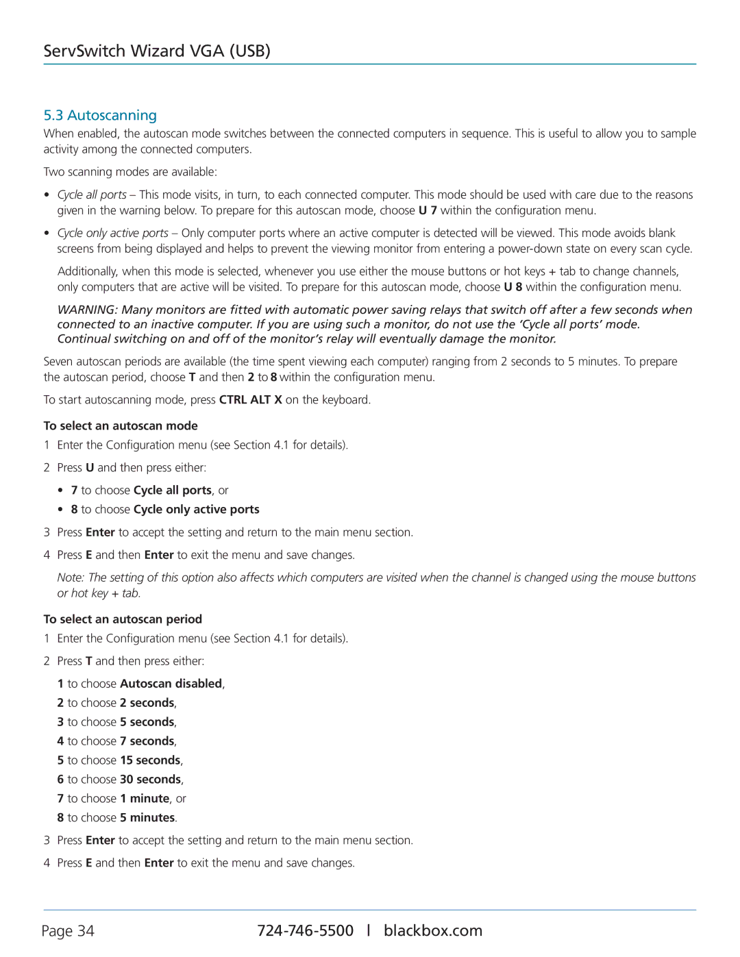 Black Box Black Box ServSwitch Wizard VGA (USB) Autoscanning, To select an autoscan mode, To select an autoscan period 