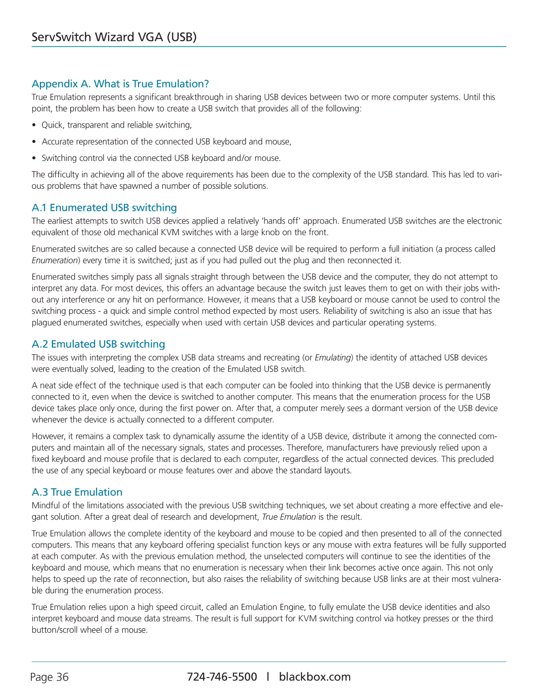 Black Box KV3004A, KV3304A, KV3404A Appendix A. What is True Emulation?, Enumerated USB switching, Emulated USB switching 