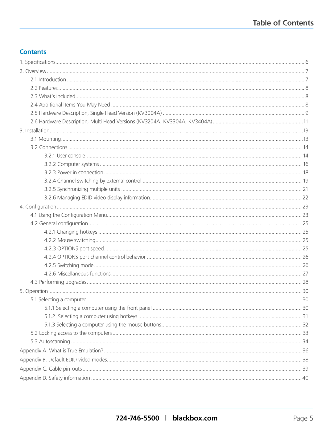 Black Box KV3304A, KV3004A, KV3404A, KV3204A, Black Box ServSwitch Wizard VGA (USB) manual Table of Contents 