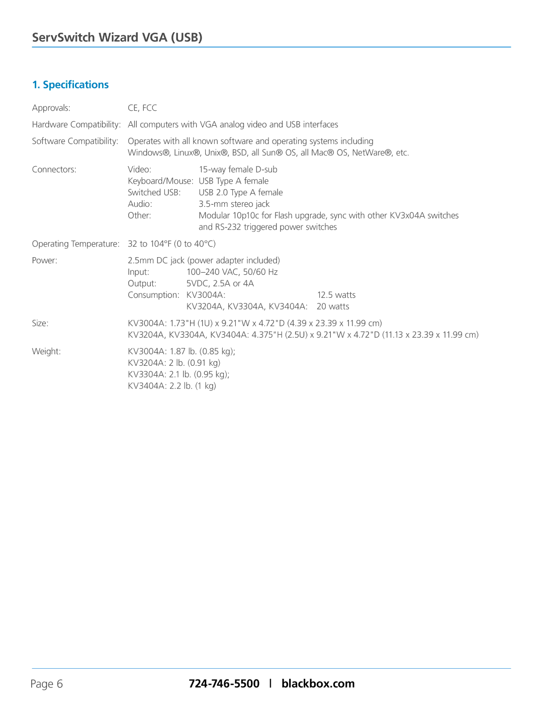 Black Box KV3004A, KV3304A, KV3404A, KV3204A, Black Box ServSwitch Wizard VGA (USB) manual Specifications 