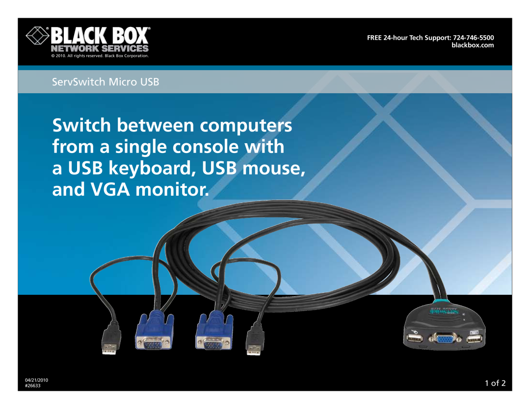 Black Box KV407A, KV408A, 26633 manual ServSwitch Micro USB, 1­ of, Free 24-hour tech Support 724-746-5500 blackbox.com 