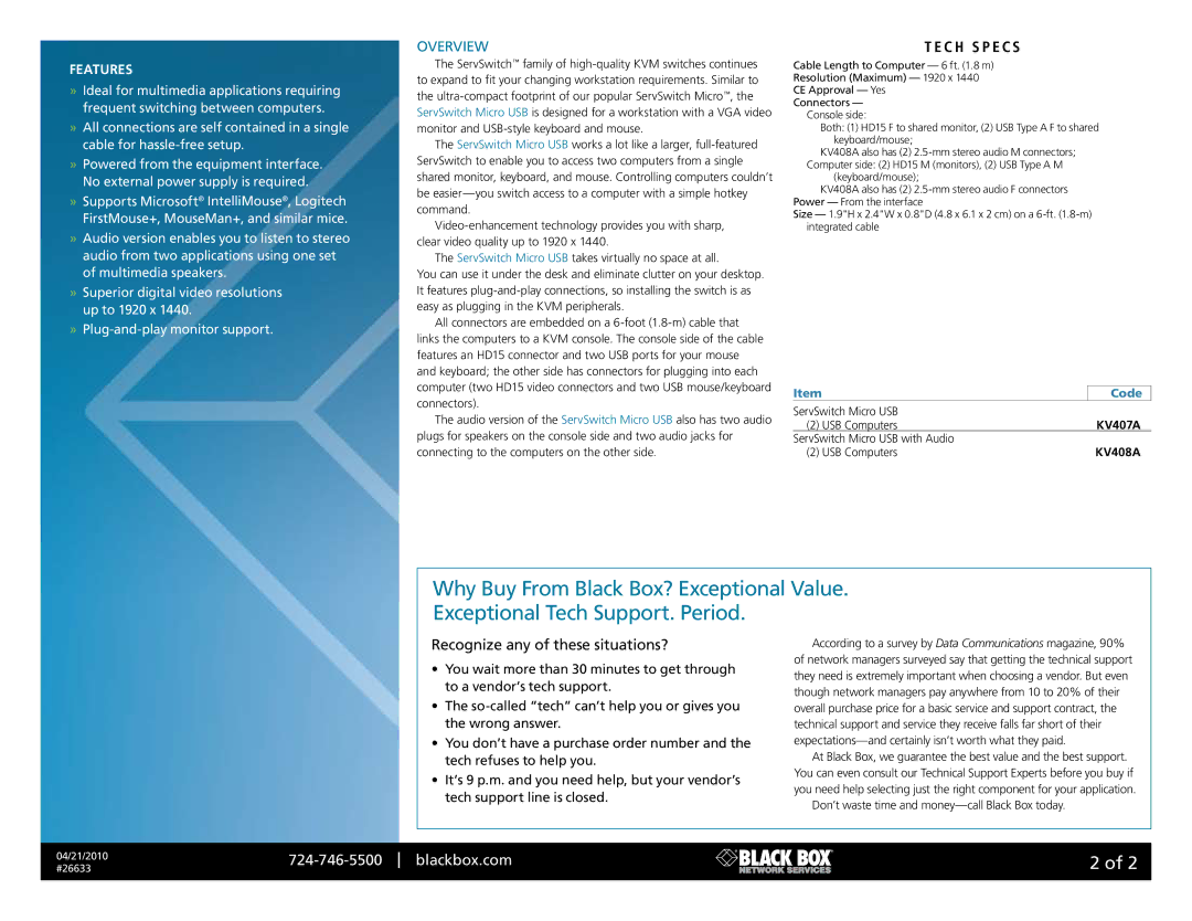 Black Box 26633, KV408A, KV407A manual Overview, C h S P e c s, Recognize any of these situations?, Features, Code 