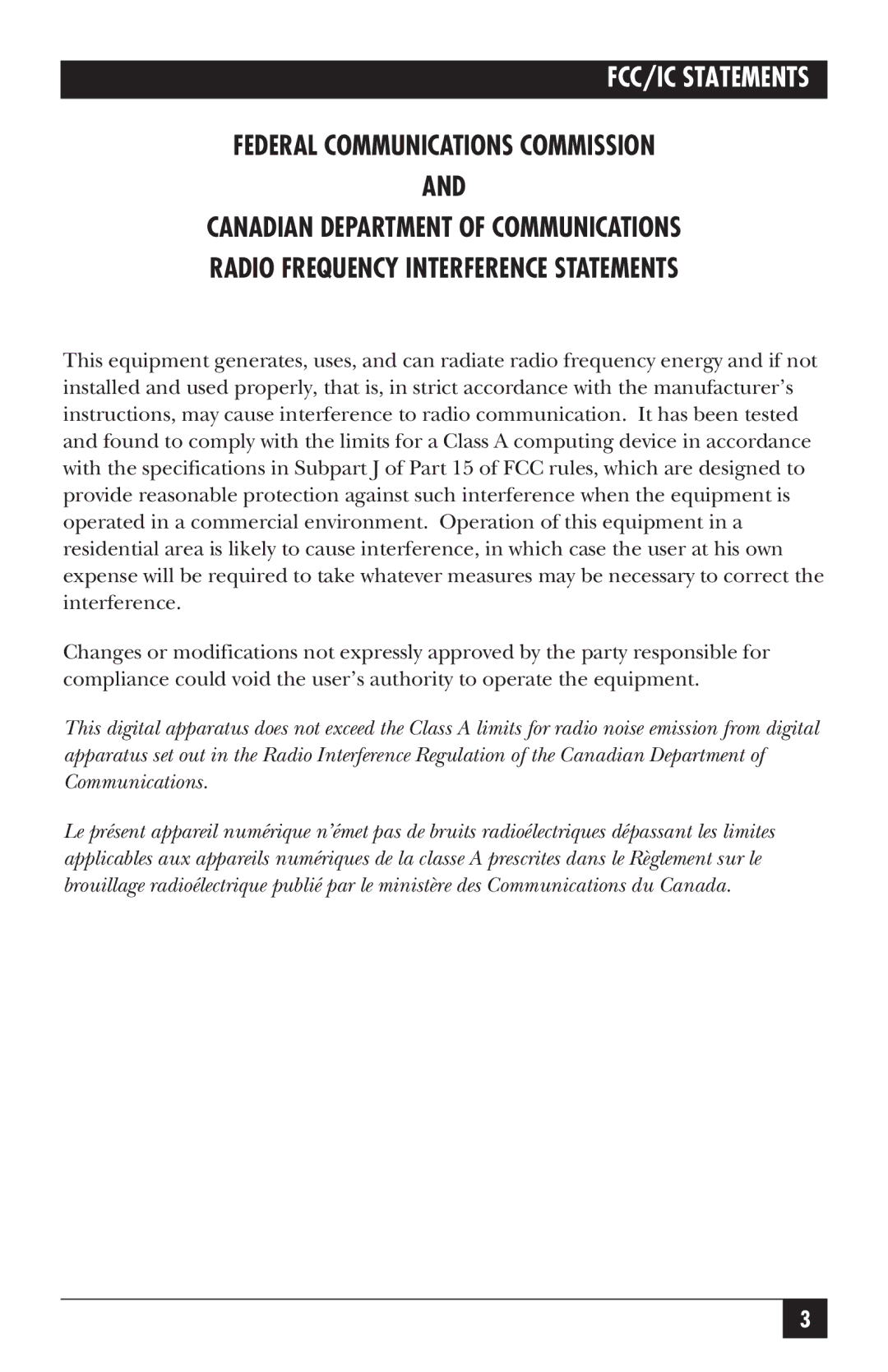 Black Box KV5300 Series manual FCC/IC Statements 