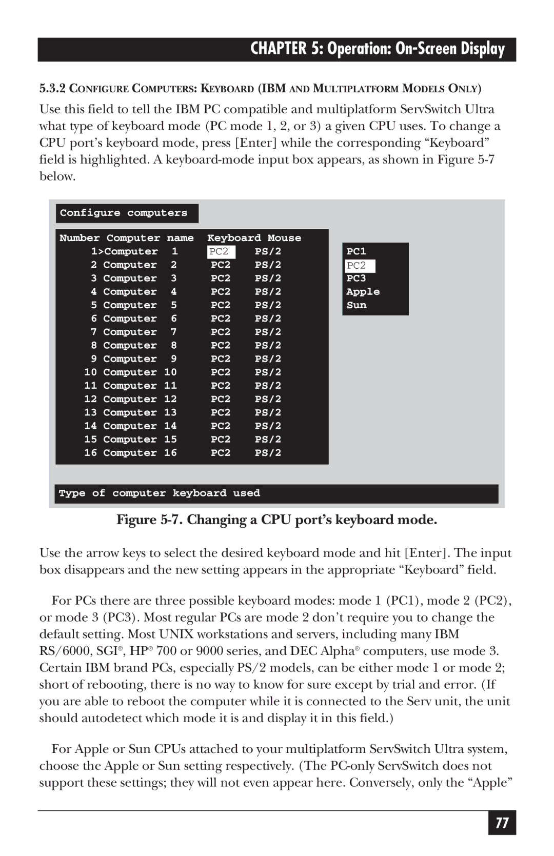 Black Box KV5300 Series manual Changing a CPU port’s keyboard mode 