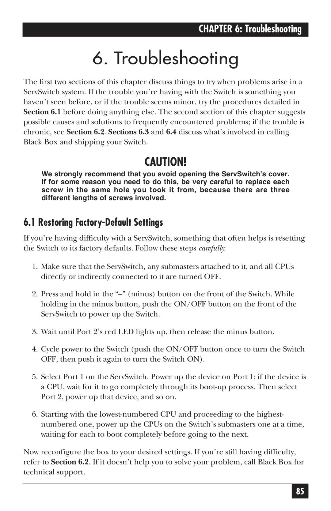 Black Box KV5300 Series manual Troubleshooting, Restoring Factory-Default Settings 