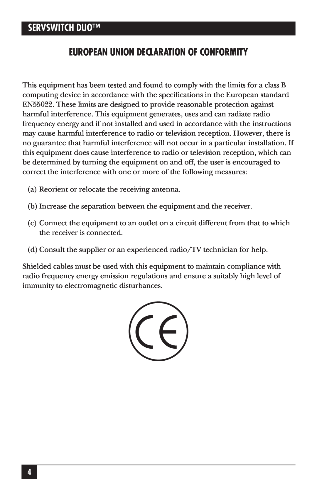 Black Box KV6104SA manual European Union Declaration Of Conformity, Servswitch Duo 