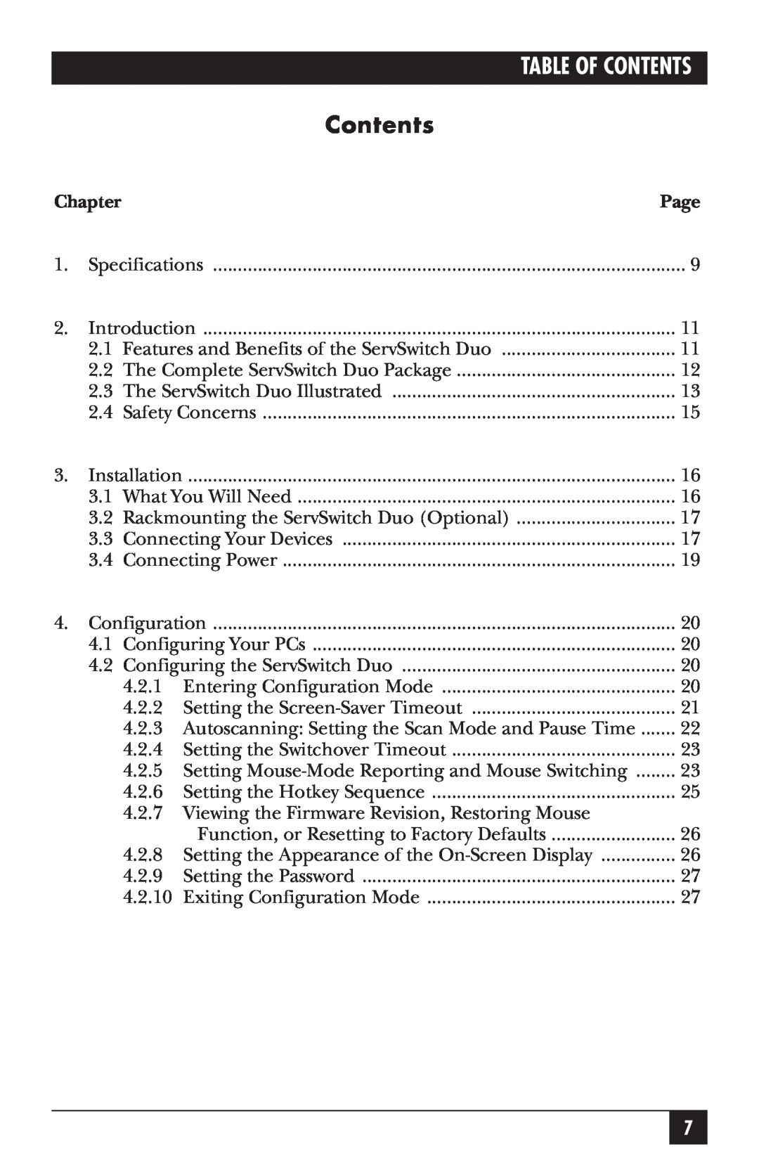 Black Box KV6104SA manual Table Of Contents, Chapter, Page 