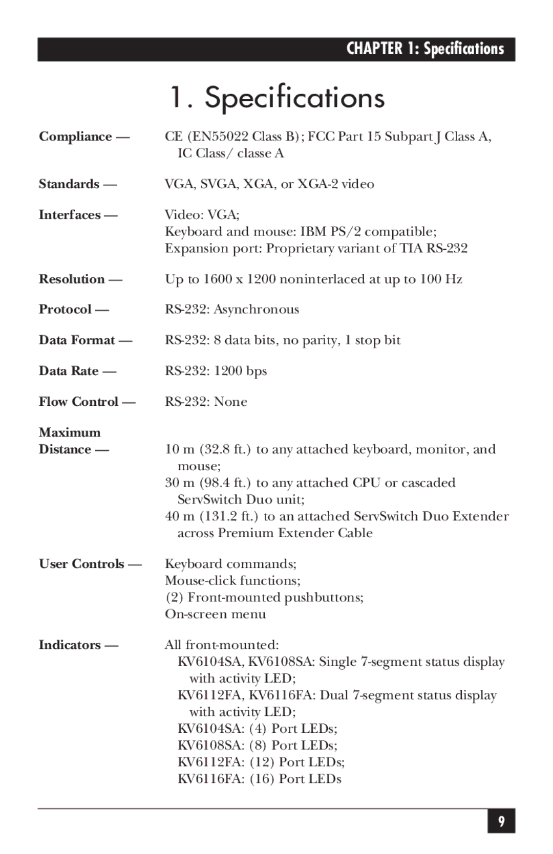 Black Box KV6104SA manual Specifications, Interfaces 