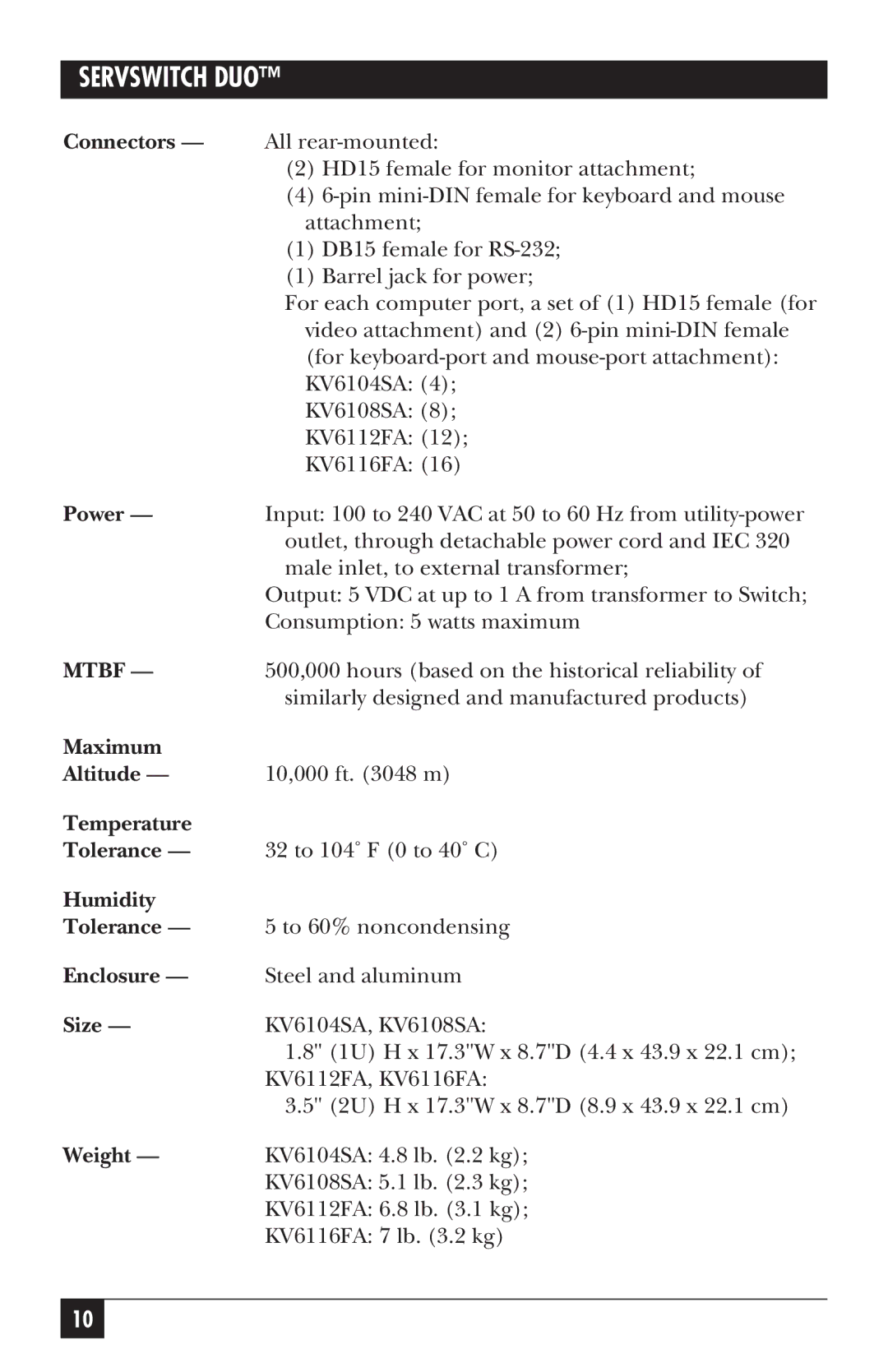 Black Box KV6104SA manual Mtbf 