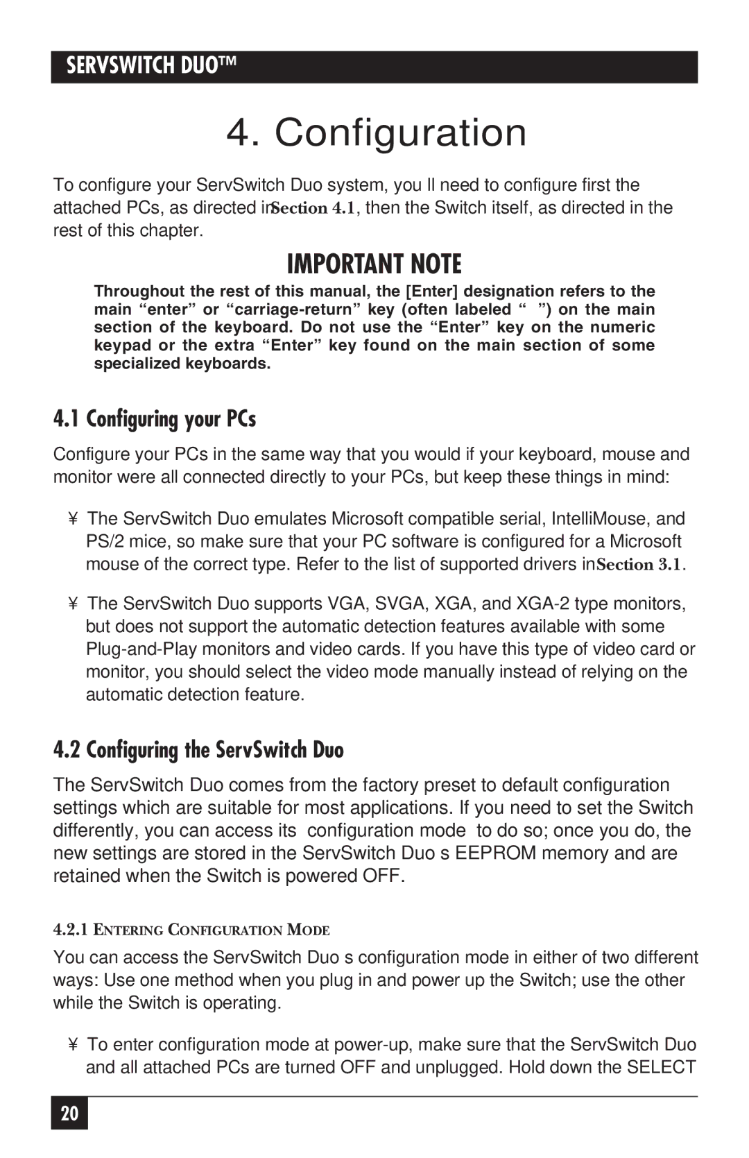 Black Box KV6104SA manual Configuration, Configuring your PCs, Configuring the ServSwitch Duo 