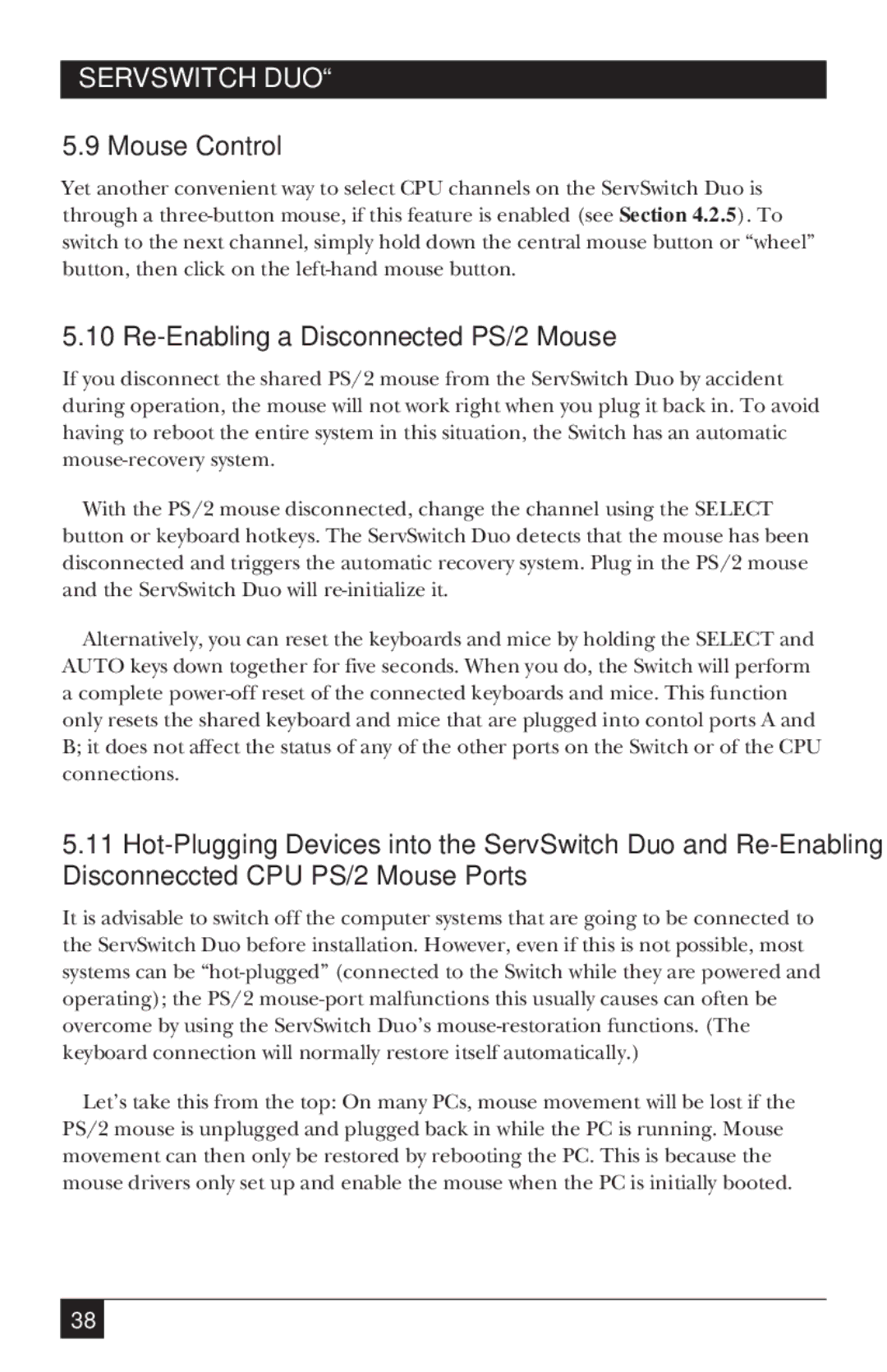 Black Box KV6104SA manual Mouse Control, Re-Enabling a Disconnected PS/2 Mouse 