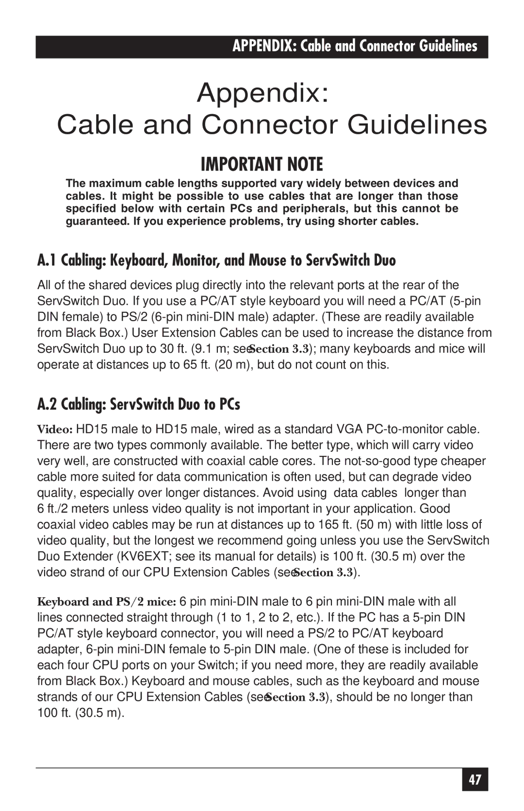 Black Box KV6104SA manual Appendix Cable and Connector Guidelines, Cabling Keyboard, Monitor, and Mouse to ServSwitch Duo 