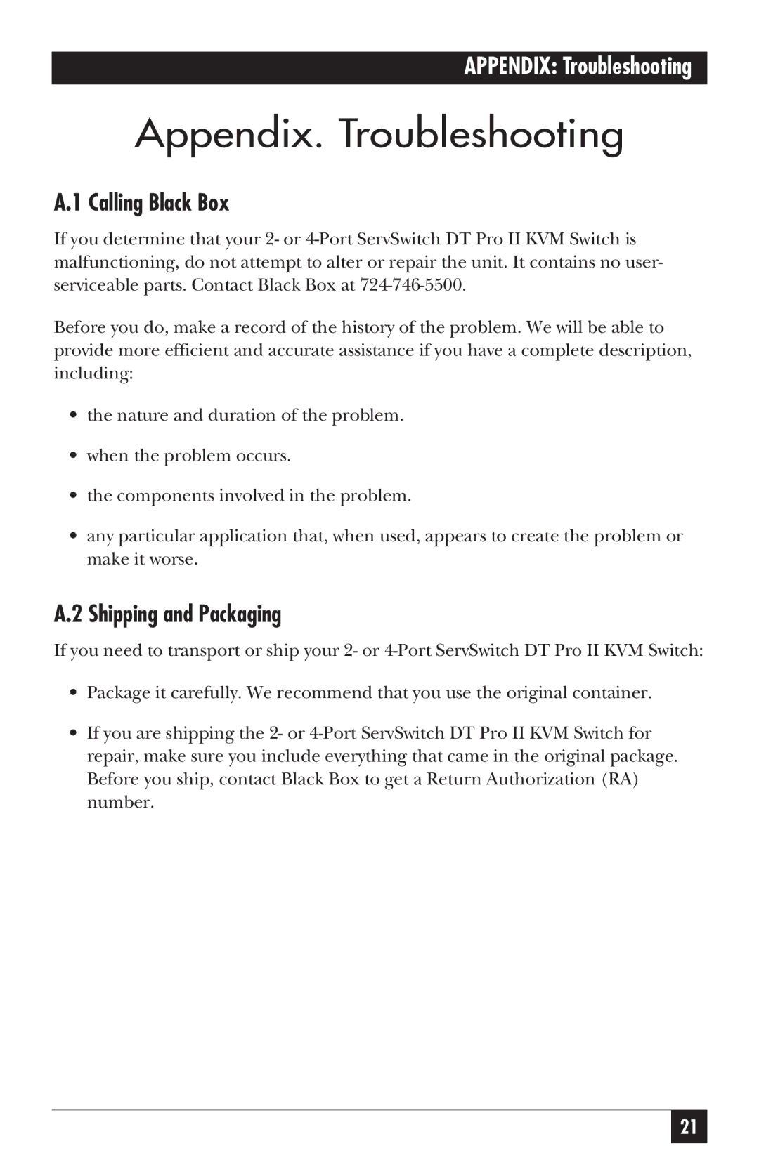 Black Box KV7021A, KV7020A manual Appendix. Troubleshooting, Calling Black Box, Shipping and Packaging 