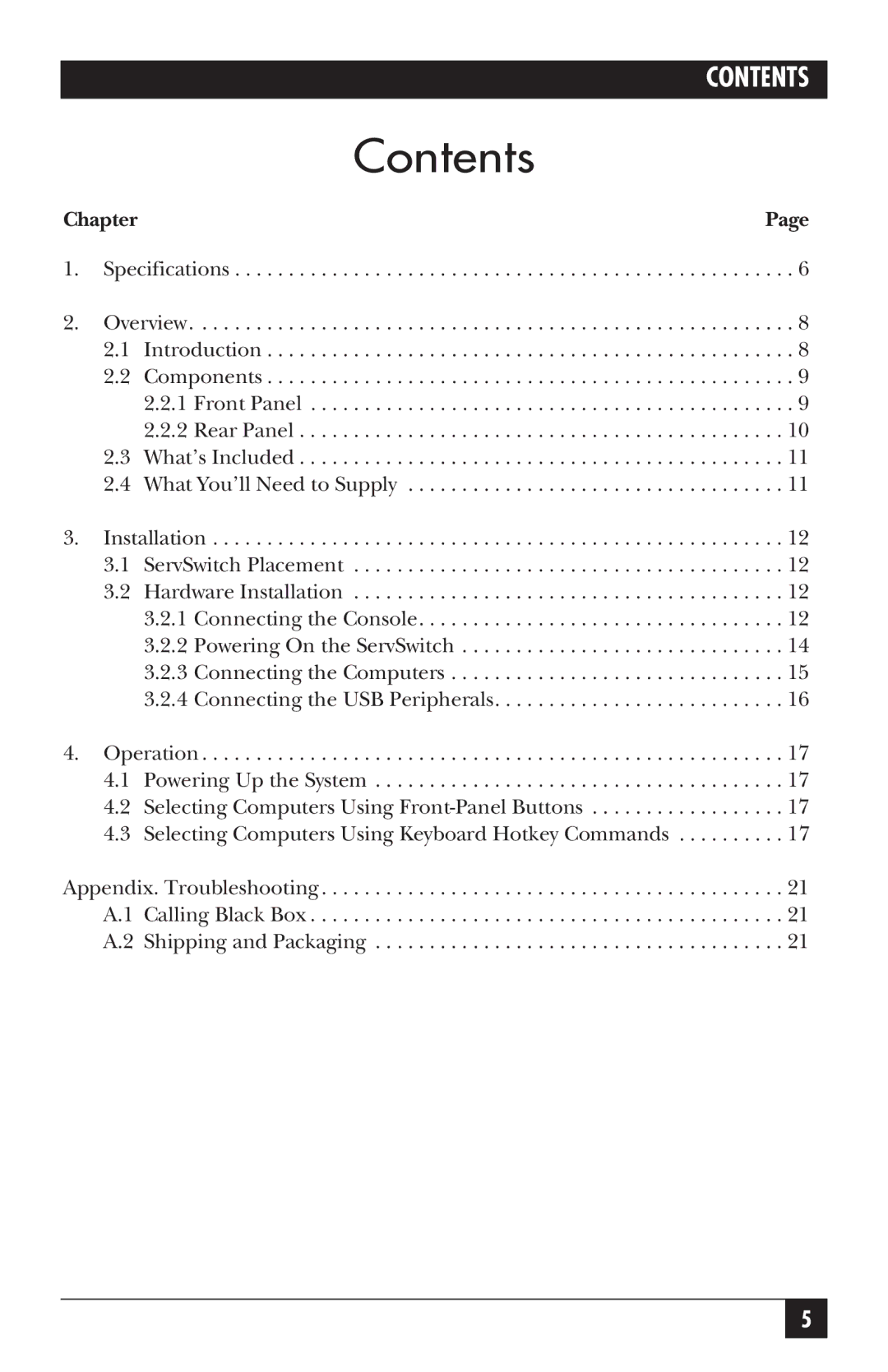 Black Box KV7021A, KV7020A manual Contents 