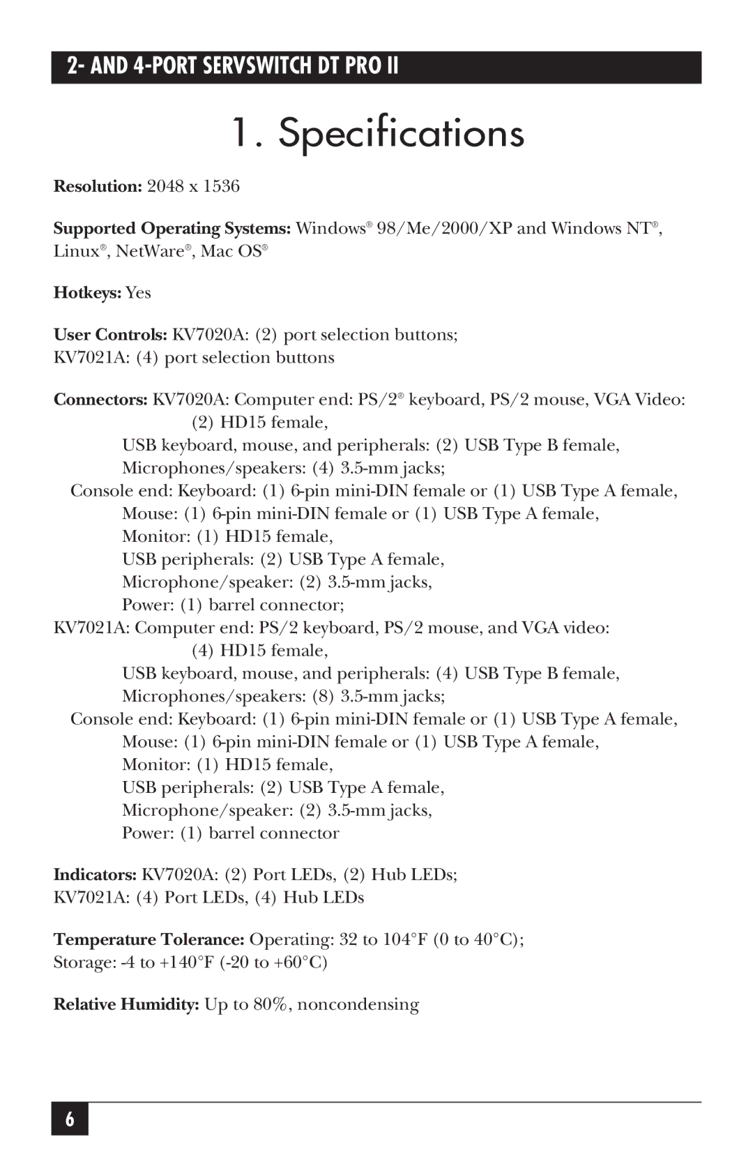 Black Box KV7020A, KV7021A manual Specifications, Hotkeys Yes 